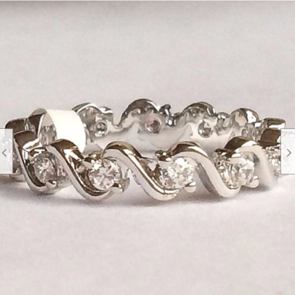 Silver Art Deco Eternity Ring Size 9 Band Cubic Zirconia Waves Nautical Plated - Picture 5 of 8